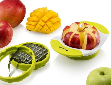 Gourmia Handle Push Cutter cutting apples and mangos.