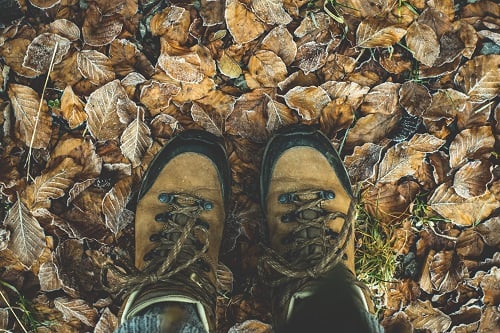 Muddy Hiking Boots in a Pile of Leaves