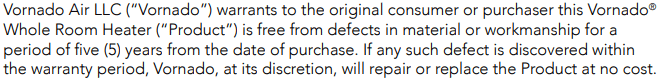 Vornado-Warranty