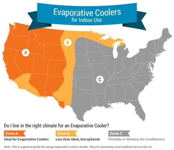 A map of the United States showing different areas for evaporative coolers