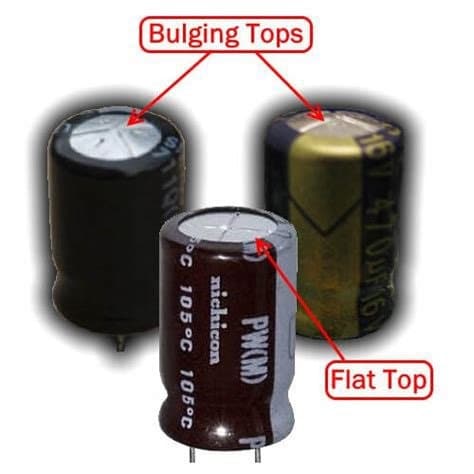 Image of a bulging capacitor for dispenser circuit board.