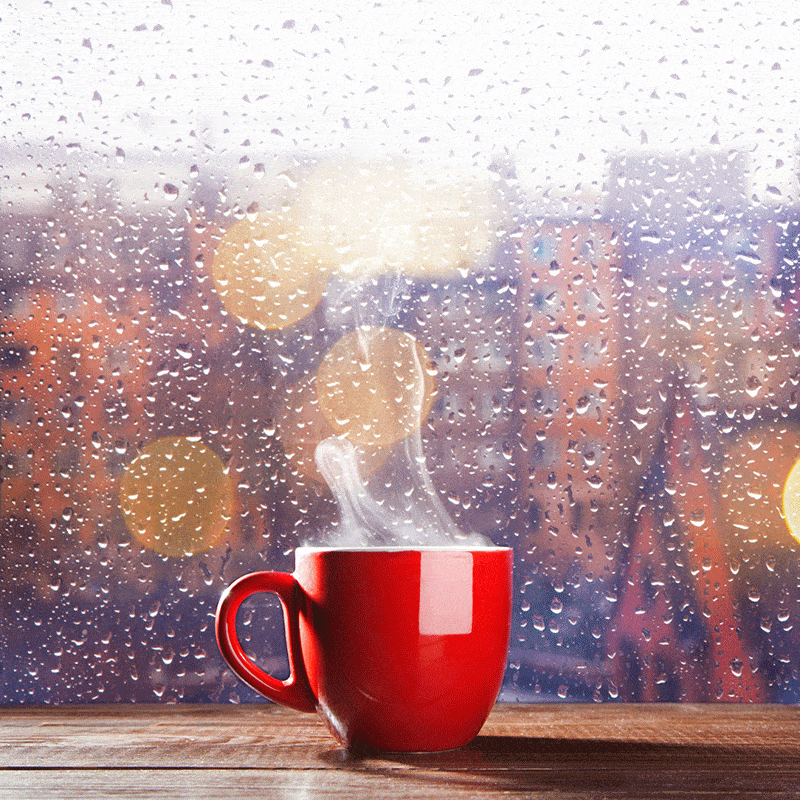 hot drink in front of rainy window
