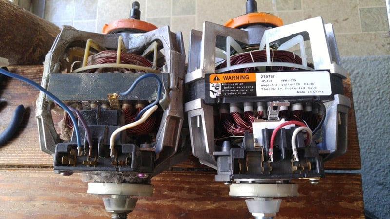Two dryer motors, one new and the other old.