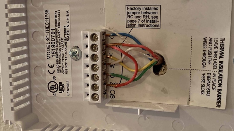 Front view of thermostat wiring