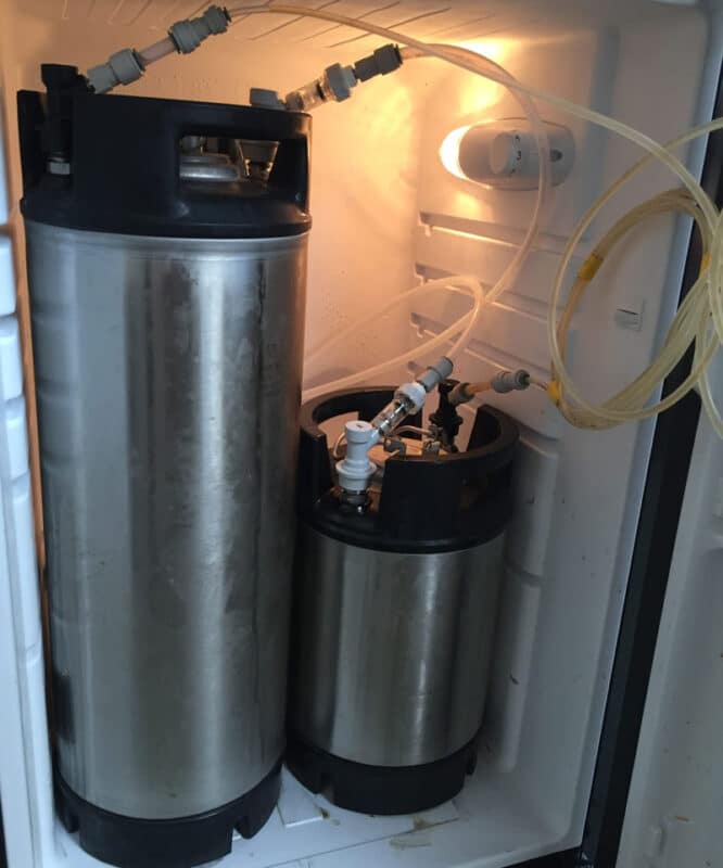 Kegerator With Door Open And Two Kegs Inside