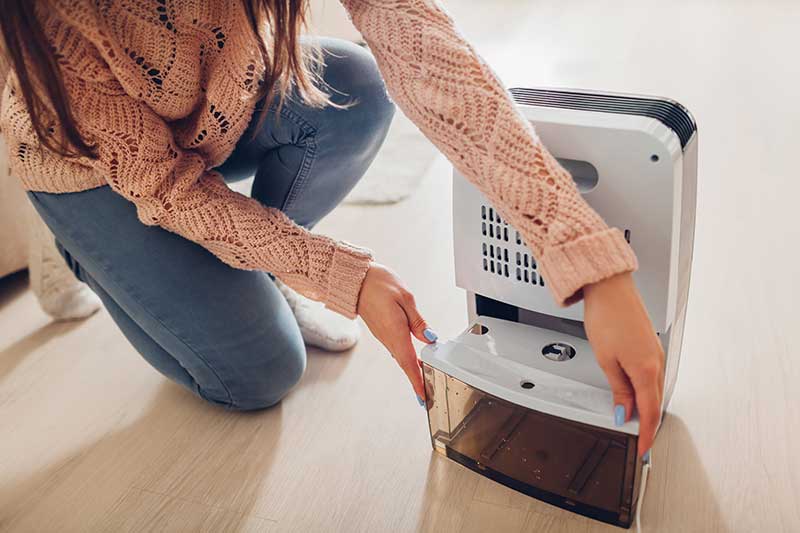 woman placing empty water container in air dehumidifier