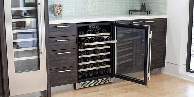 Front View Of Wine Cooler Fully Loaded With Door Open