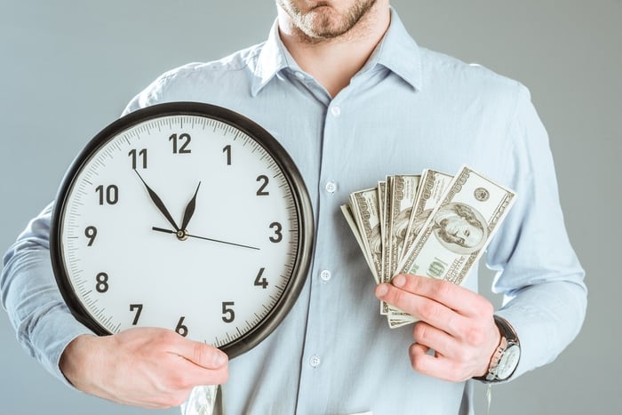 A man holding a wall clock and some dollar bills