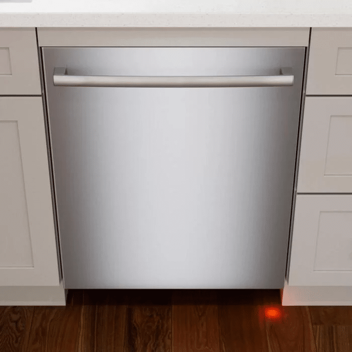 A Bosch dishwasher with a red light on the bottom
