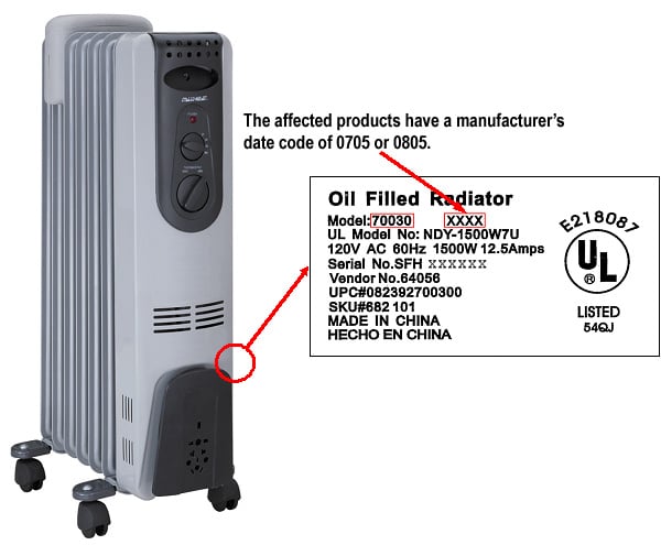 Oil-filled radiator model number location