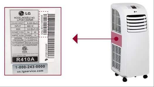 Portable air conditioner model number location
