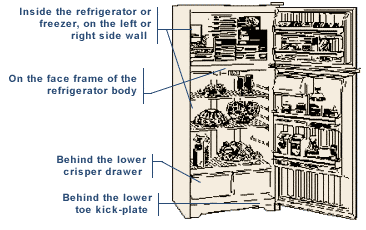 A diagram to find a top freezer refrigerator's model number
