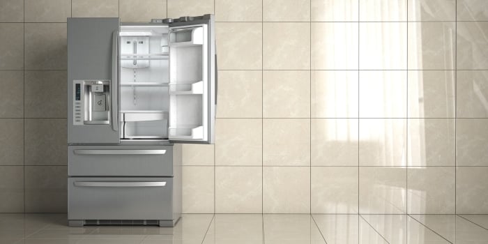 A refrigerator in a kitchen